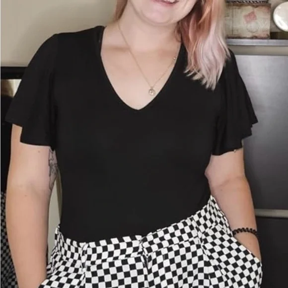 Mangopop XL black V-Neck Bodysuit Flutter Sleeves Stretch - Picture 7 of 9